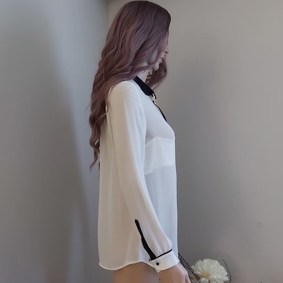 ZARA sheer blouse top polo shirt cream black - Picture 5 of 12